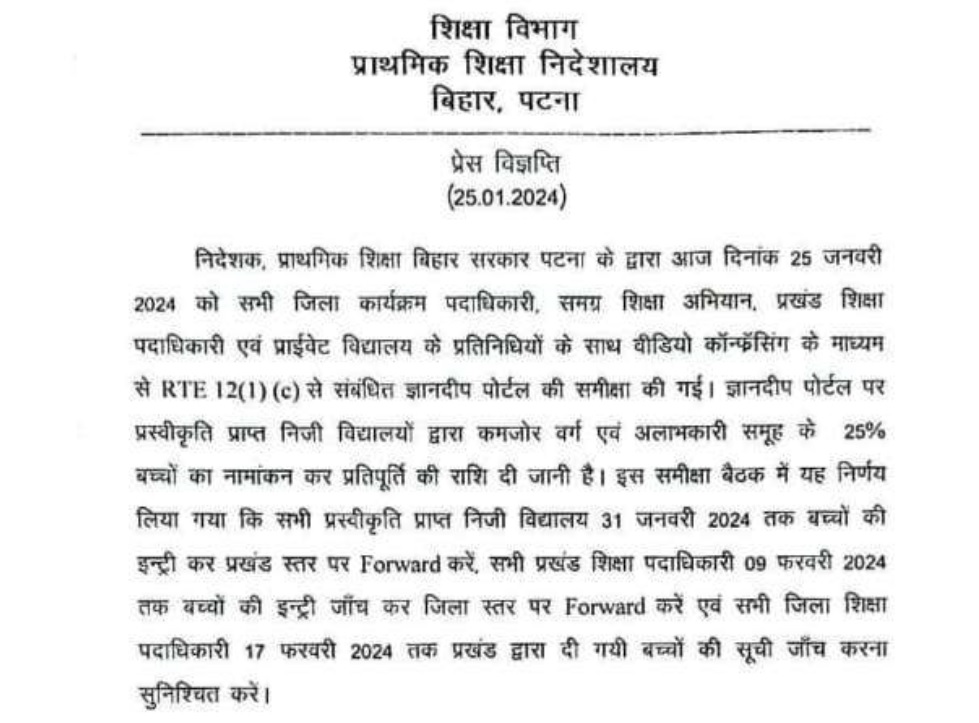Bihar RTE School Admission Notification 2024-25
