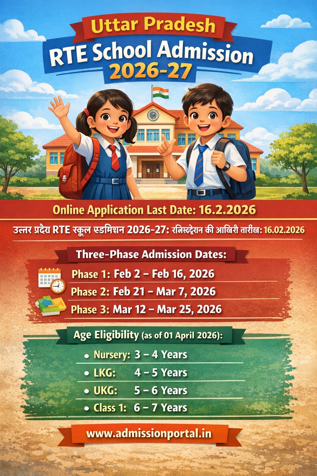 Uttar Pradesh RTE School Admission 2026-27 Registration Last Date 16.2.2026