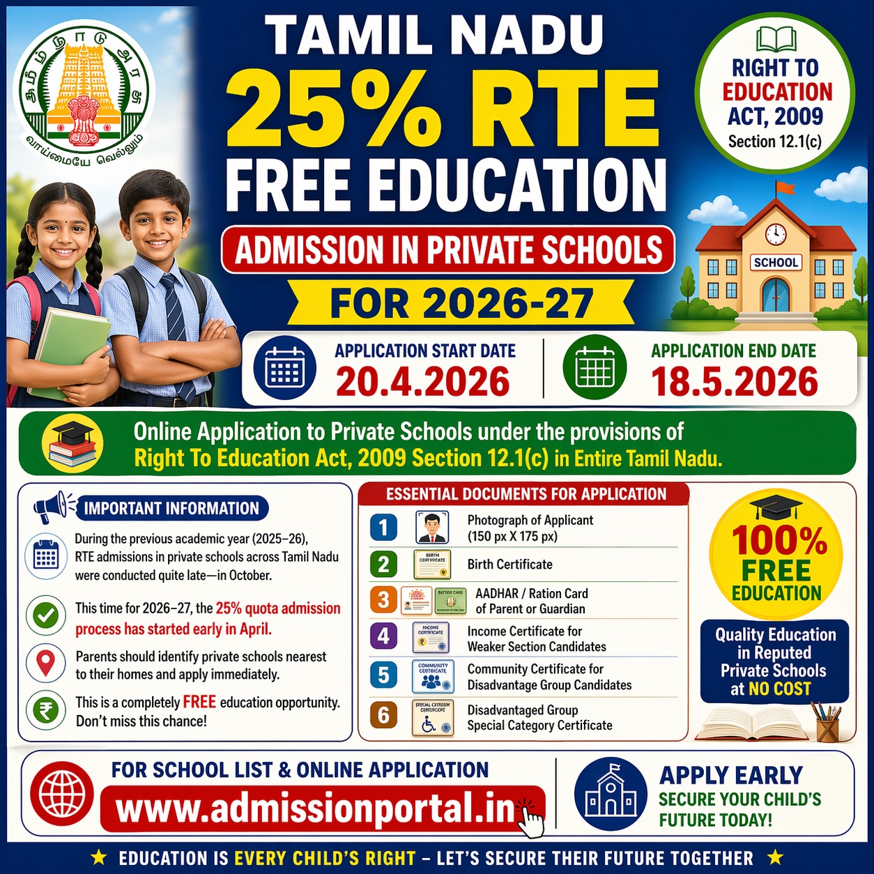 TN RTE School Admission List 2026-27 Registration Schedule Announced