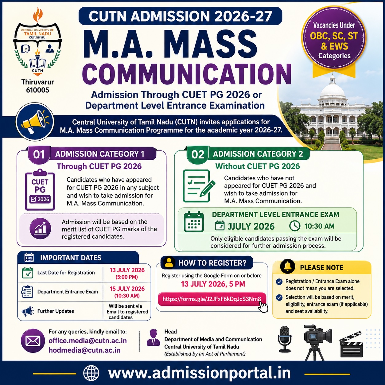 CUTN MA Mass Communication Admission 2026-2027
