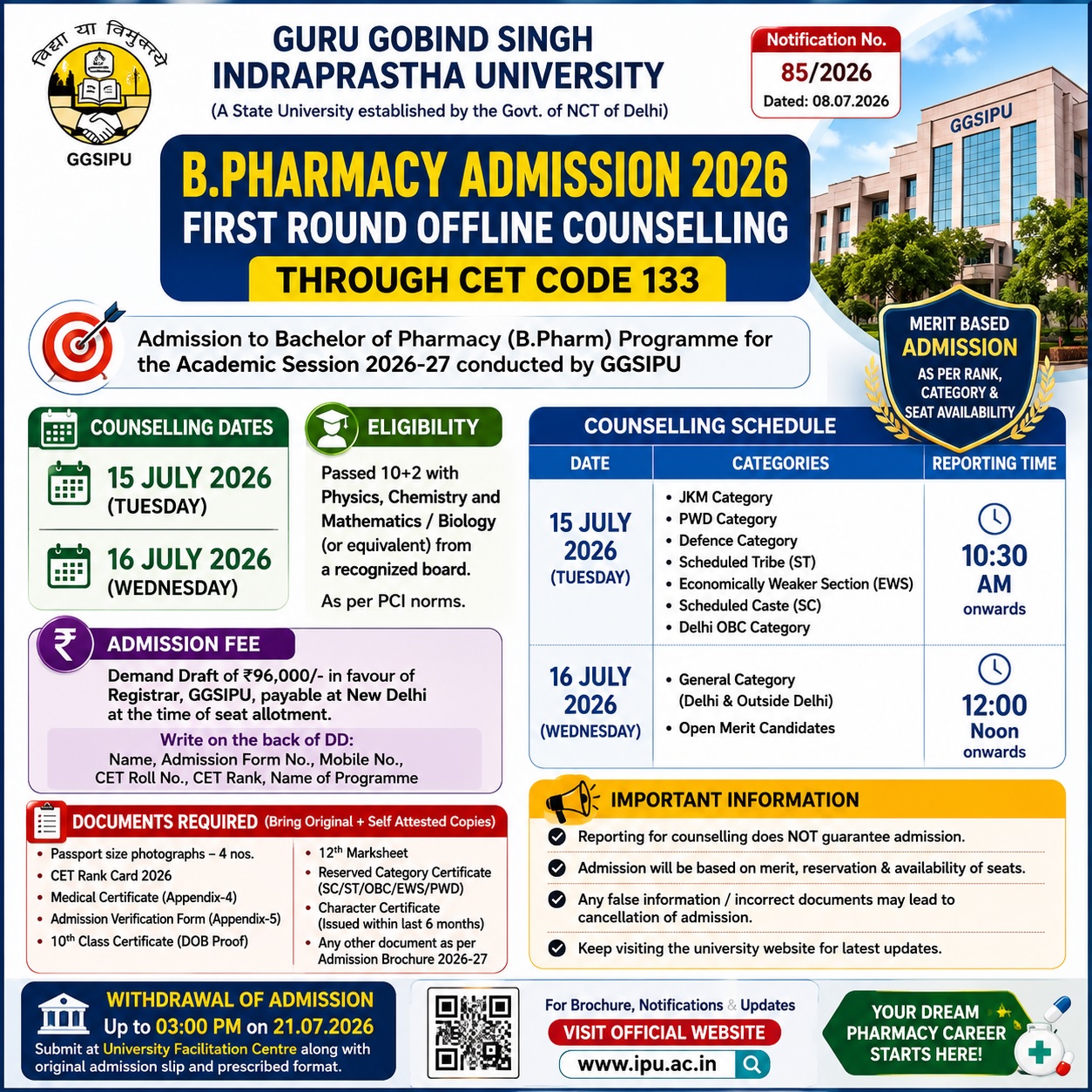 GGSIPU B.Pharmacy Admission 2026