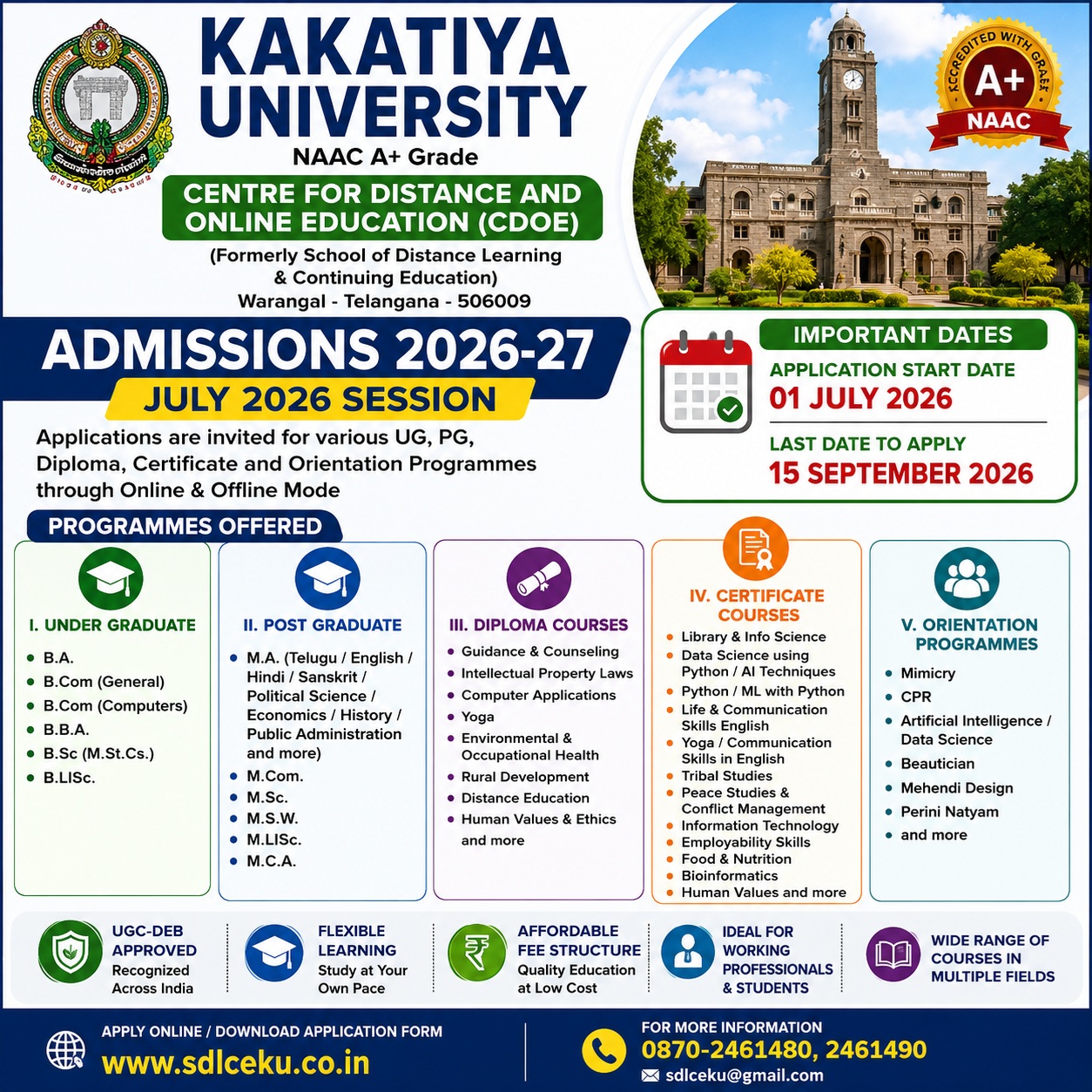 Kakatiya University Distance Education Admission 2026-27